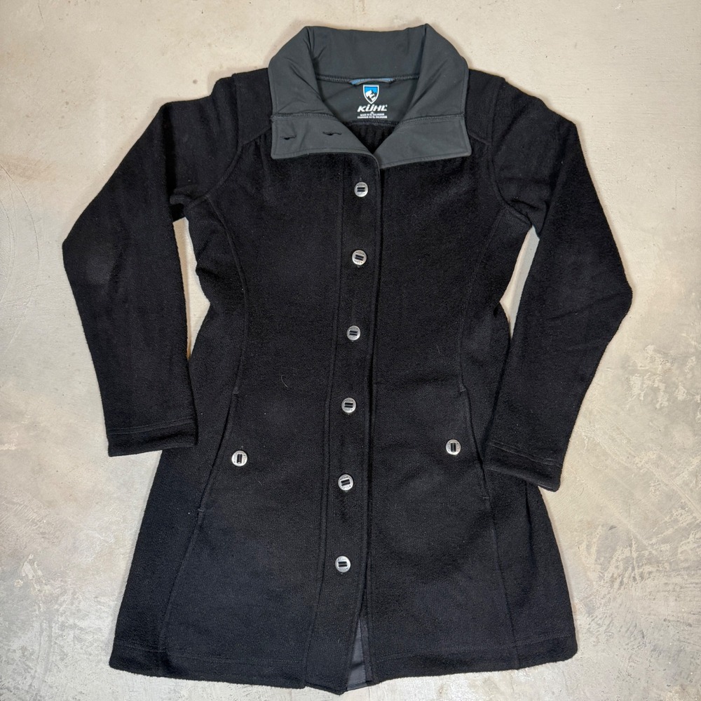Kuhl Alfpaca Fleece Button Front Coat Black Womens Size Small Mid Length Jacket